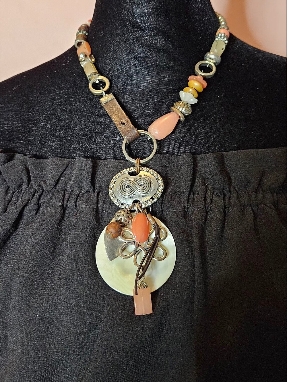 DKNY Bohemian Statement Necklace – Multi-Strand Mixed Media, Gemstone & Shell Pe